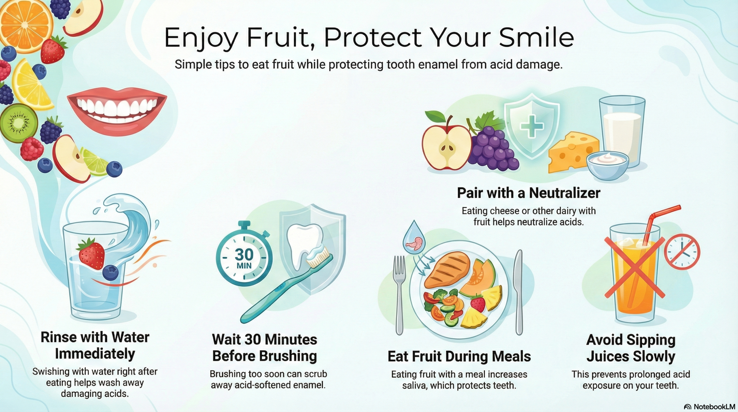 Dental infographic for international patients showing how to eat fruit safely while protecting tooth enamel.
